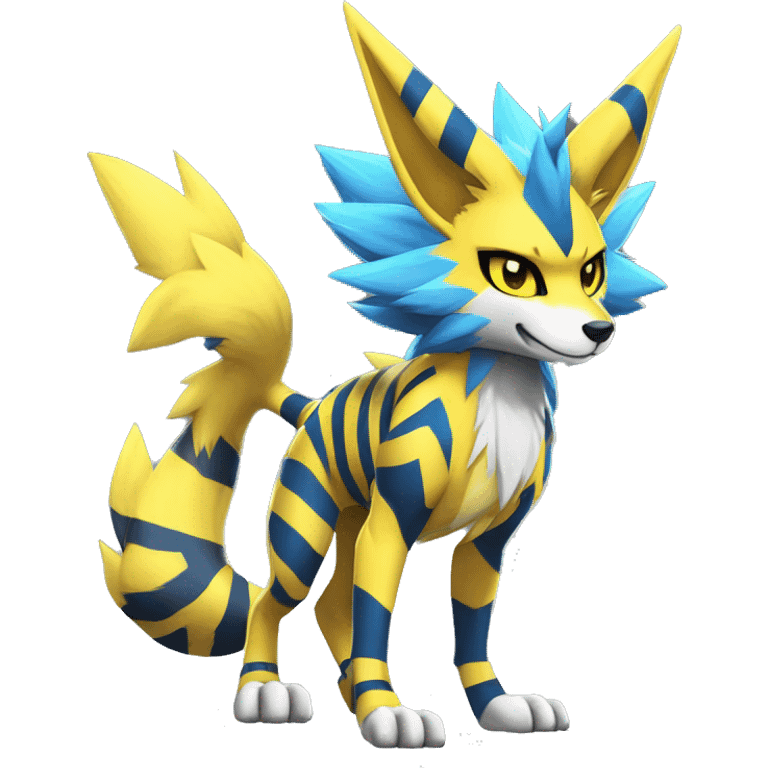 Yellow Anthro Edgy Cool Sonic-Zeraora-Anubis-Renamon-Jolteon-Pokémon-Fakémon with shiny blue stripes Full Body Detailed High Quality  emoji