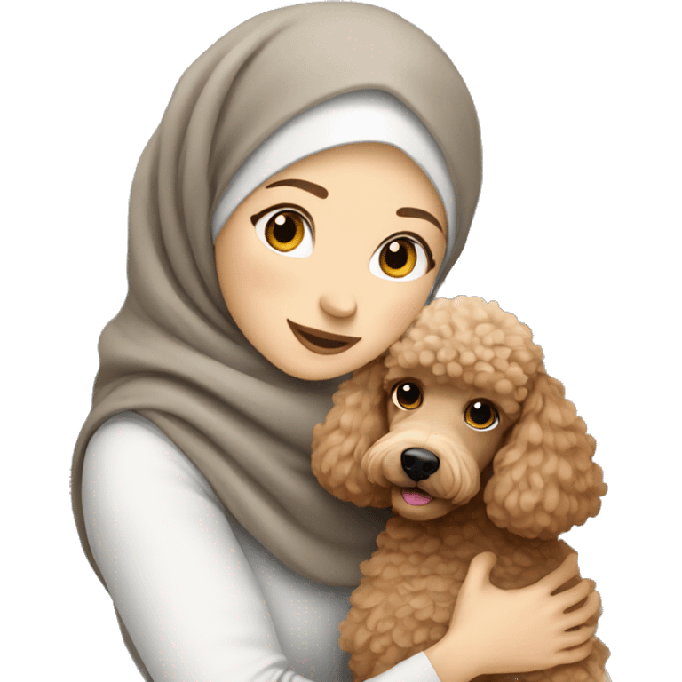 pretty white skin woman with gray hijab hugging a light brown poodle emoji