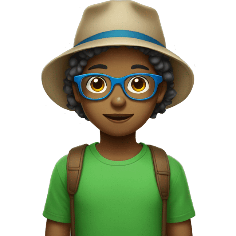 Child with brown hats and blue glasses and a green t-shirt  emoji