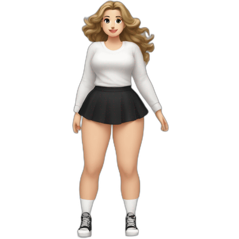 full-body-caucasian-curvy-beauty-кланяется-short-black-skirt-back-and-front-views-strong-wind-knickers-long-white-socks emoji