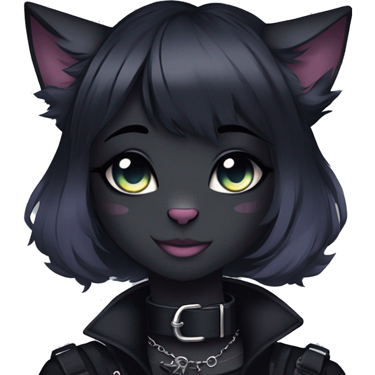 Gorgeous gothic dark techwear anime style anthro black cat furry with blushing face aesthetic and pretty edgy black with collar and harness trending style emoji