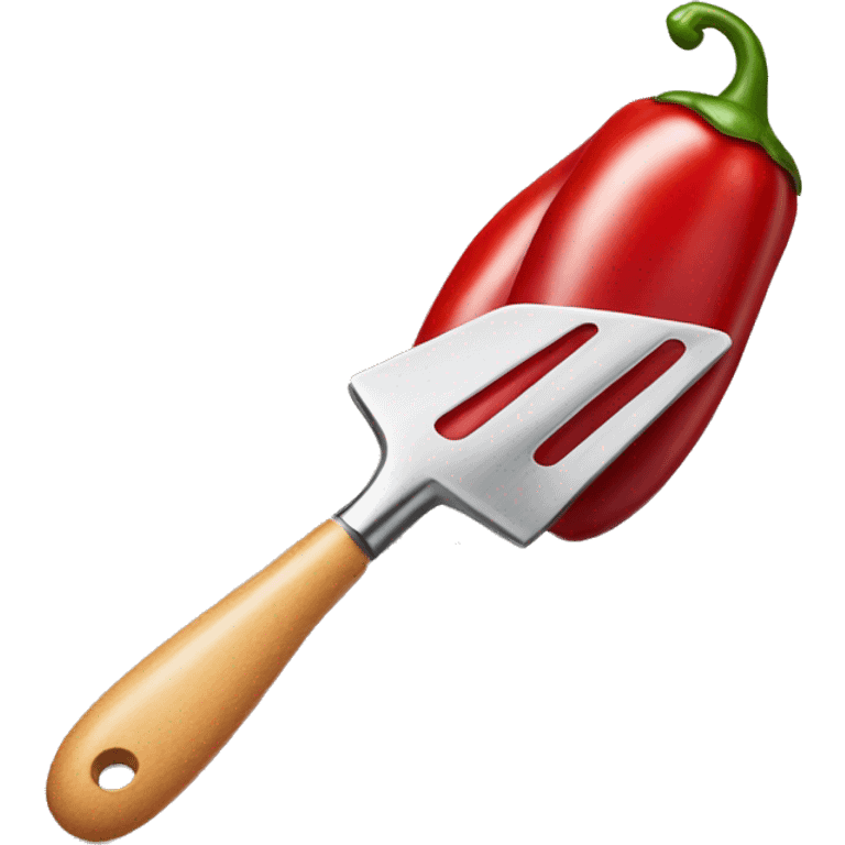 A smiling red chilli pepper holding a spatula  emoji