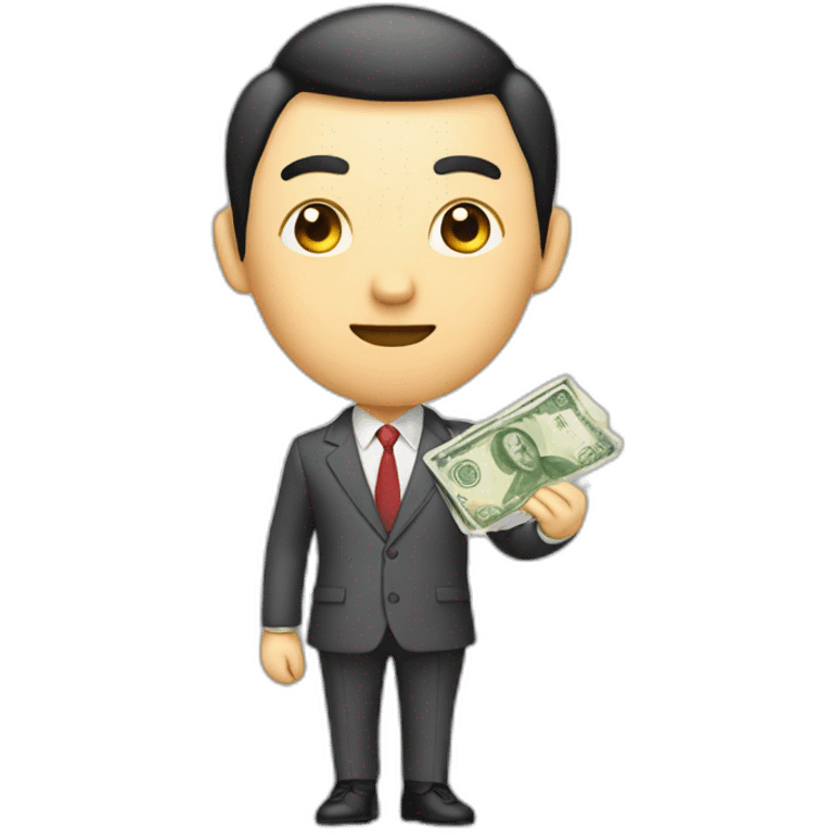 Draw a Chinese character, full body, wearing suits, holding 100 CNY bill emoji