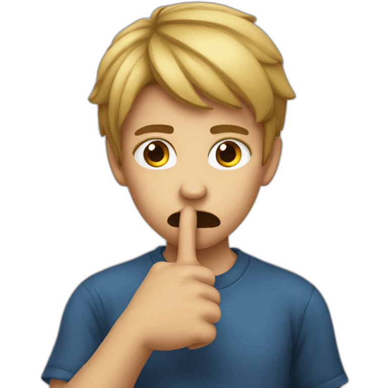 A boy with an angry face with his finger on his mouth making the silence sign emoji