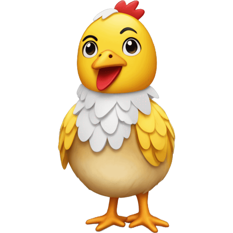 A chick dressed as a chickenugget  emoji