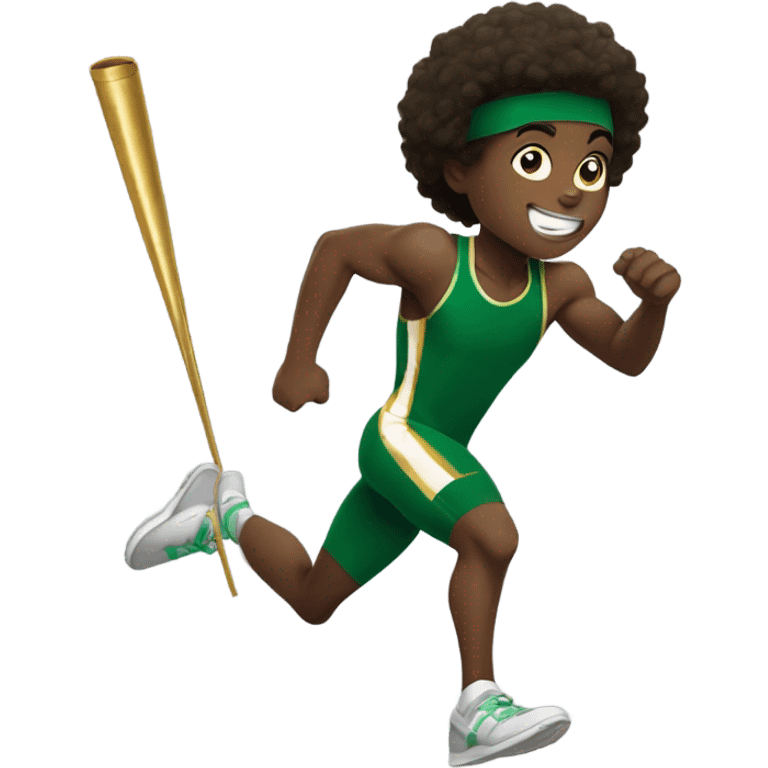 Muscular Afro teenage boy  in green track and field uniform running fast with gold baton in his hand. emoji