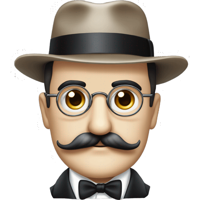 Hercule Poirot. Tête ronde. moustache peignée. Crâne chauve. Yeux marrons. Lunettes binocles. Chapeau emoji