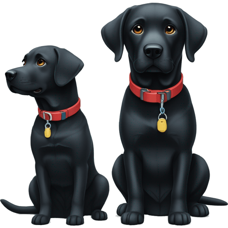 black-coloured labrador on the left with red collar, black-coloured labrador on the right with light blue collar. emoji