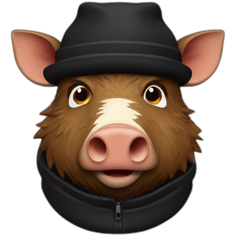 fullface wild tired brown boar with stubble in a black jacket and a black winter hat emoji