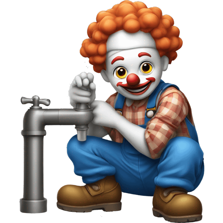 clown face emoji as a plumber sitting and fixing pipe emoji