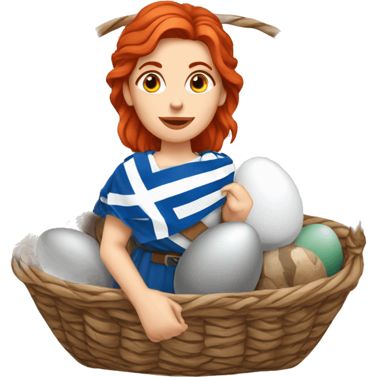 Greek Female winter mountaineer red hair white skin climbing with Greek Flag and Easter eggs basket emoji