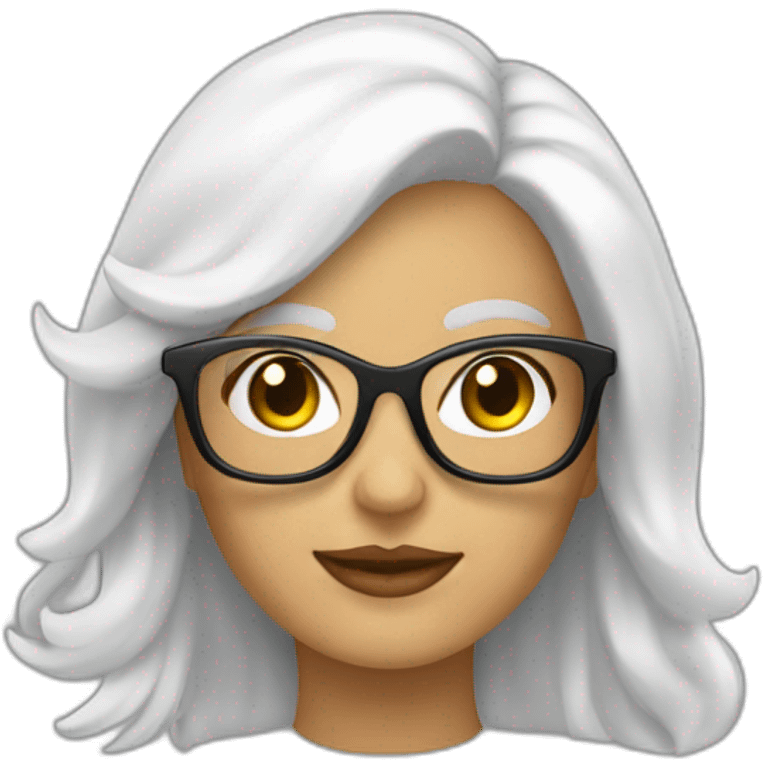 Mujer blanca pelo castaño largo con lentes emoji