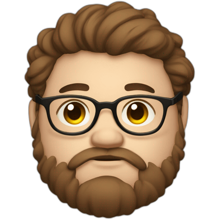 Chubby, non binary, round glasses, attached long brown hair, beard, sleepy emoji