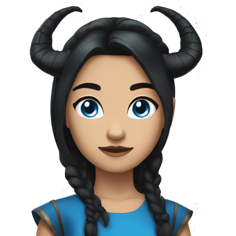 a girl with black dragon horns,she has black hair with blue accents, she has blue eyes, she has golden earrings. emoji