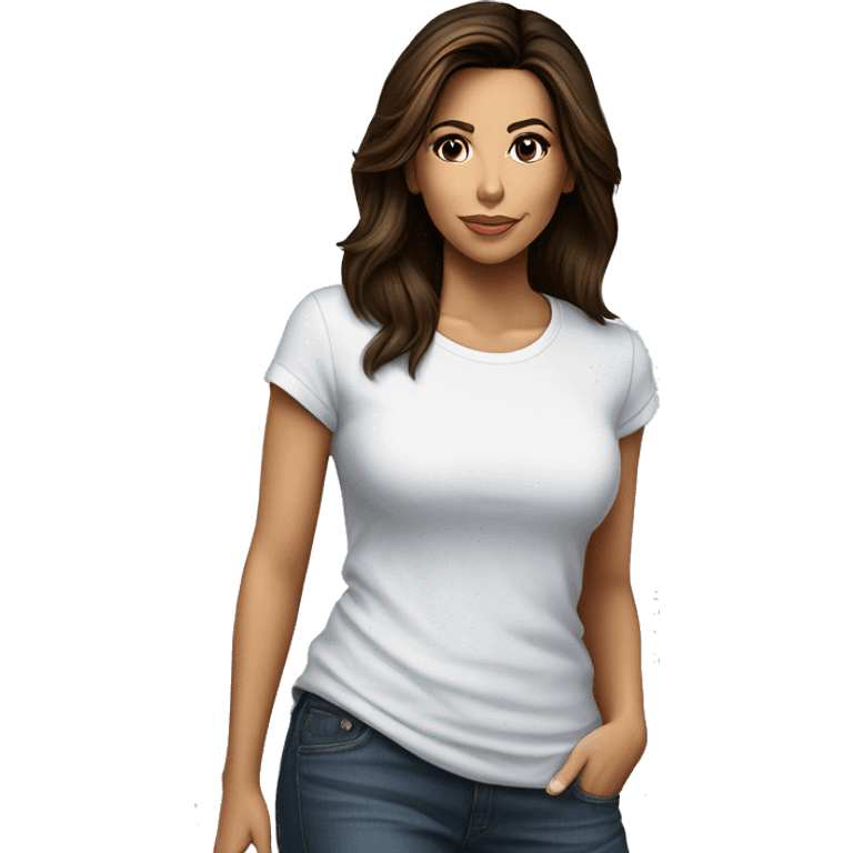 3/4 face, contrasted, shadow, light, Eva Longoria expression, standing from a distance, thin nose, brunette woman, hazel eyes, long eyelashes, dark shoulder shaded hair, white t-shirt, jeans, white sneakers emoji