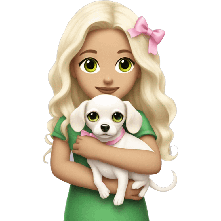 pale blond girl with wavy long platinum hair with green eyes holding a white chihuahua puppy that wearing a pink bow emoji