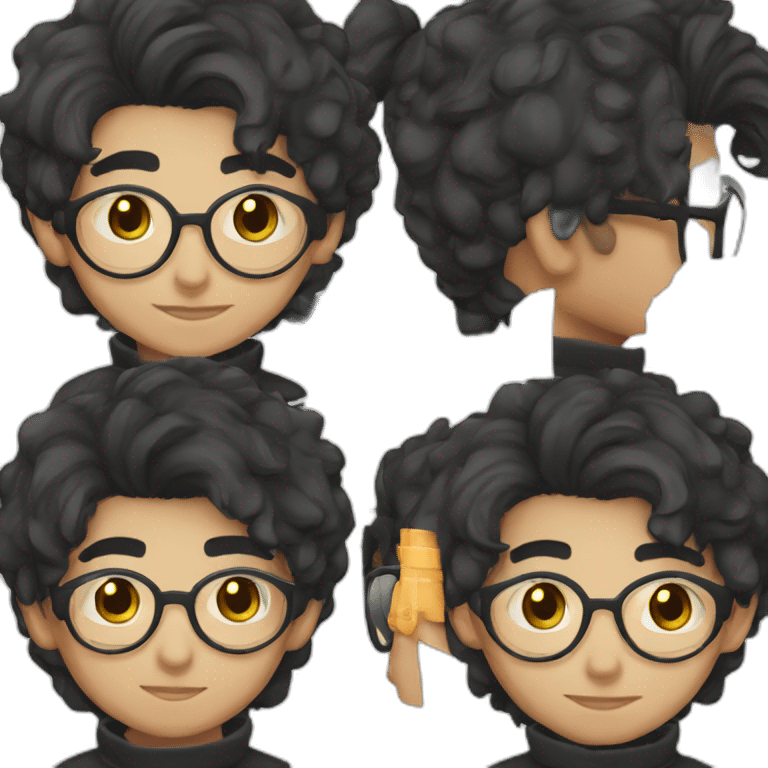 a light skin Pakistani teenager, wearing round glasses, short moustache, black straight hair, black jumper/sweater, structured manly face emoji