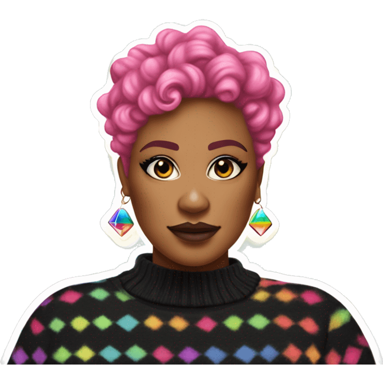 Large Plus size black woman with edgy pink curly pixie cut hair and a rainbow tie dye sweater , and diamond stud earrings  emoji