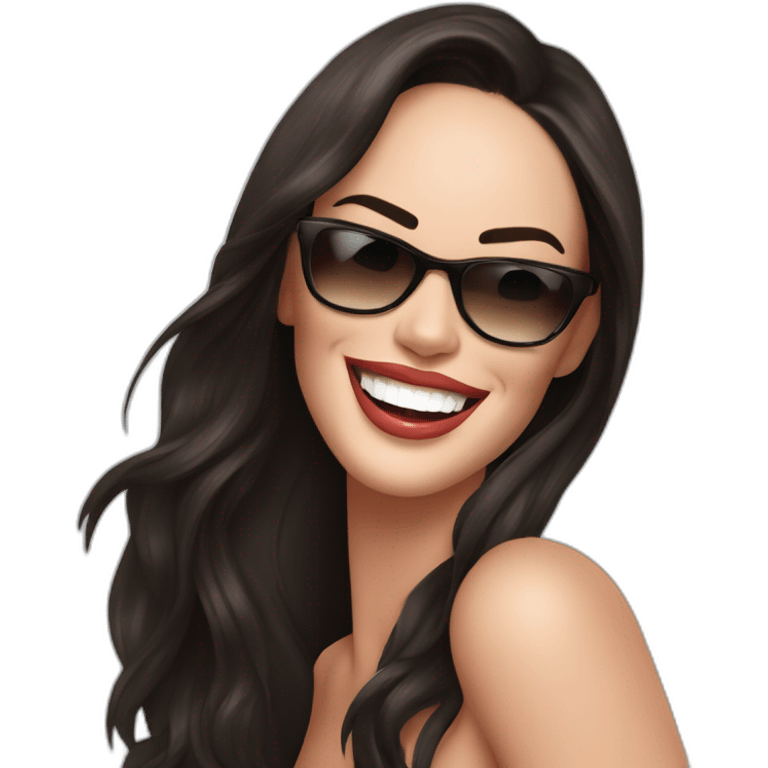 Megan Fox sonriente con lentes bailando emoji