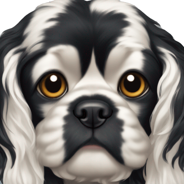 Small completely black king charles spaniel with black fur on his whole face and white fur on chest emoji