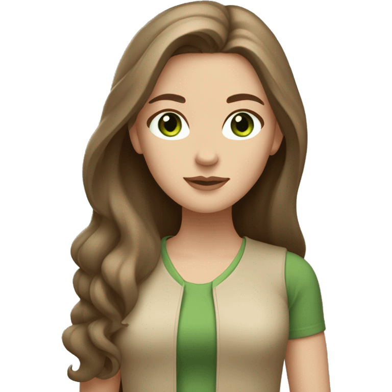 white girl with long brown hair and green eyes in beige clothes  emoji