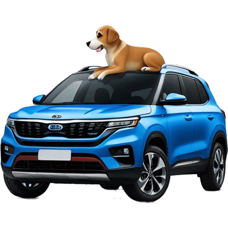 Dog sitting on a 2024 blue Kia seltos EX emoji