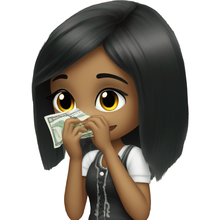 Black hair bratz girl wipes away tears with a banknote emoji