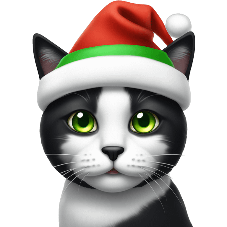 A pretty black and white cat face with green eyes and a Santa hat emoji