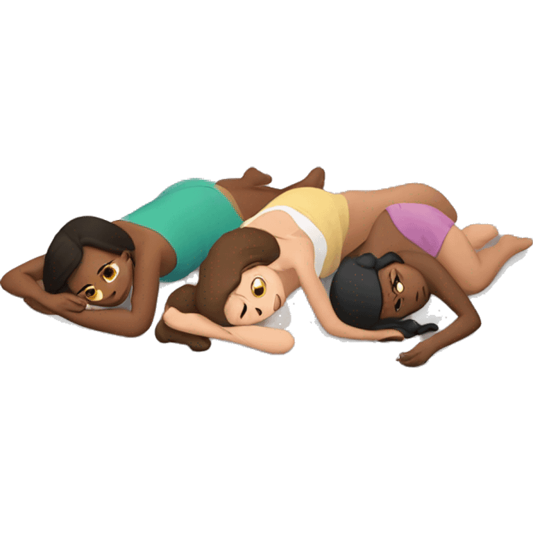 Three flattened simplistic Women laying on the ground. Different skin colours emoji