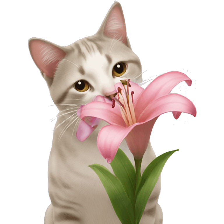 Cat smelling a pink lily emoji