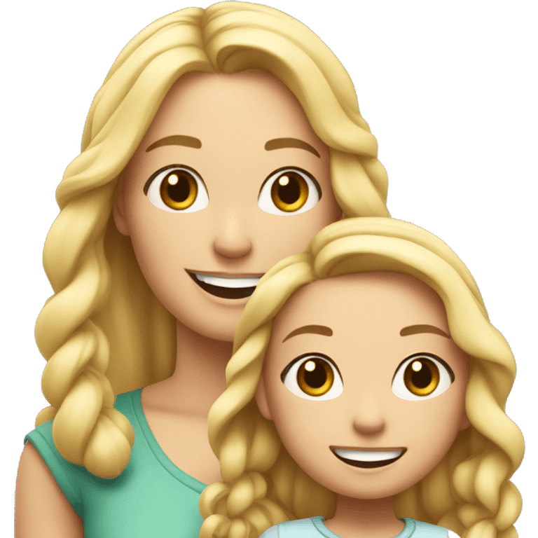 An emoji of a blonde mother with long hair, standing next to her 3-year-old daughter with black braided hair, both smiling emoji