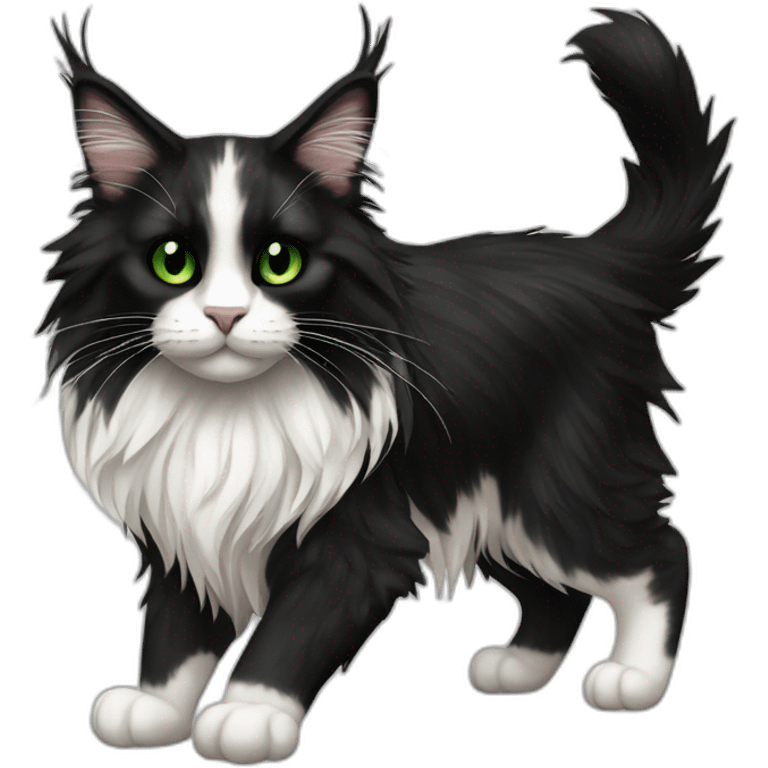 Black and white Maine coon with green eyes, full body, realism emoji