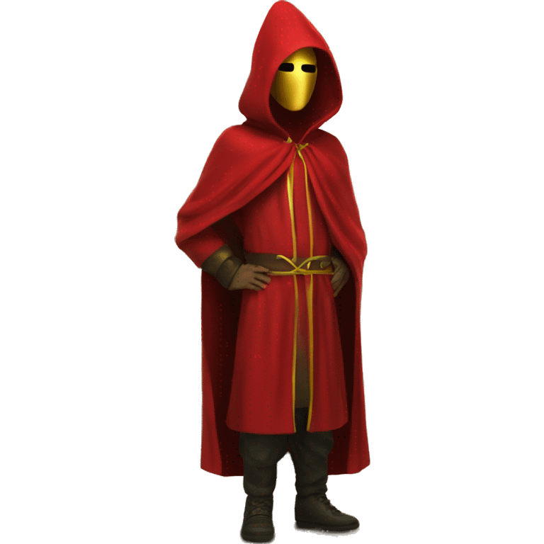 Man with red hooded robe and golden mask in forest emoji