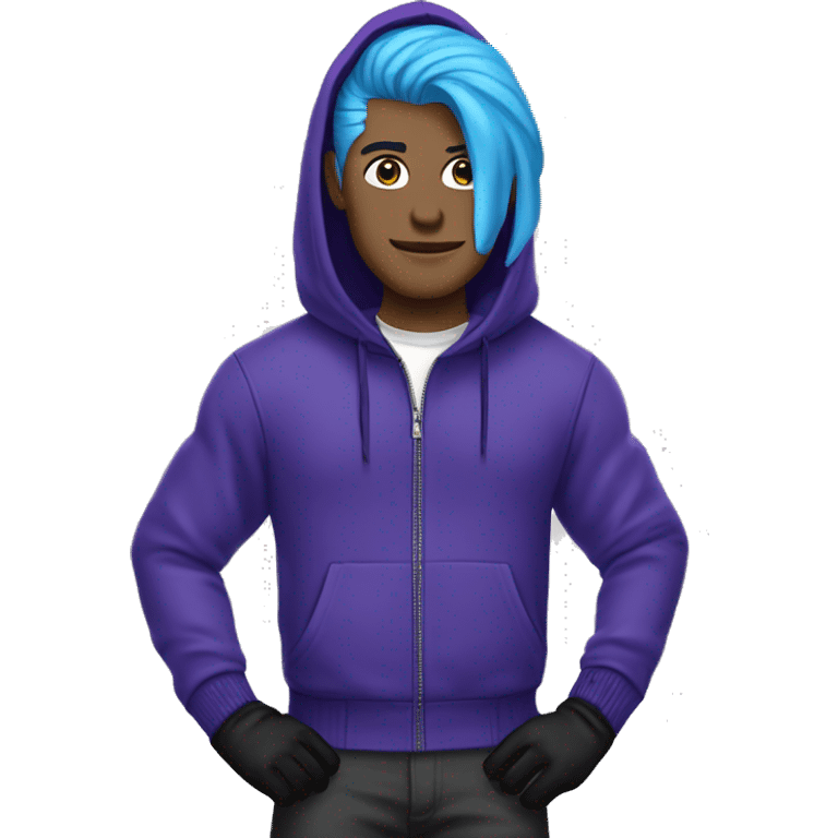 a man with blue hair, purple zipper hoodie, amarican, black pants, blue bike gloves, white skin, PURPLE ZIPPER HOODIE, BLUE HAIR, BLUE BIKE HALF THINGERD GLOVES emoji