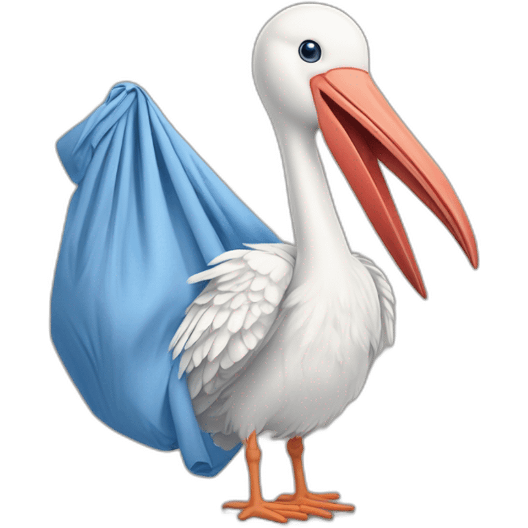 White stork carrying a blue bundle of cloth in its big beak that has a cute human person cute baby boy inside and his head is peeking from the fabric the strok is carrying in its beak emoji