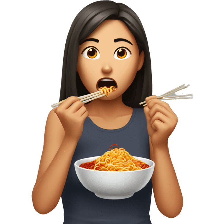 Girl eating spiciest noodles and suffering from spice emoji