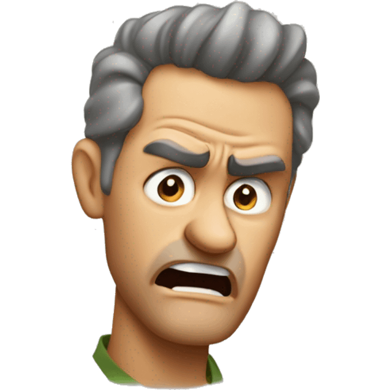 Create an emoji of an Australian dad who looks mad or is shouting. He should have a slightly angry expression with furrowed brows and an open mouth, as if he's shouting. Avoid any smile; instead, show a frustrated or intense expression. emoji