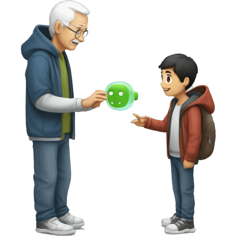 Young man with hoodie helping old man to learn how to use artificial intelligence  emoji