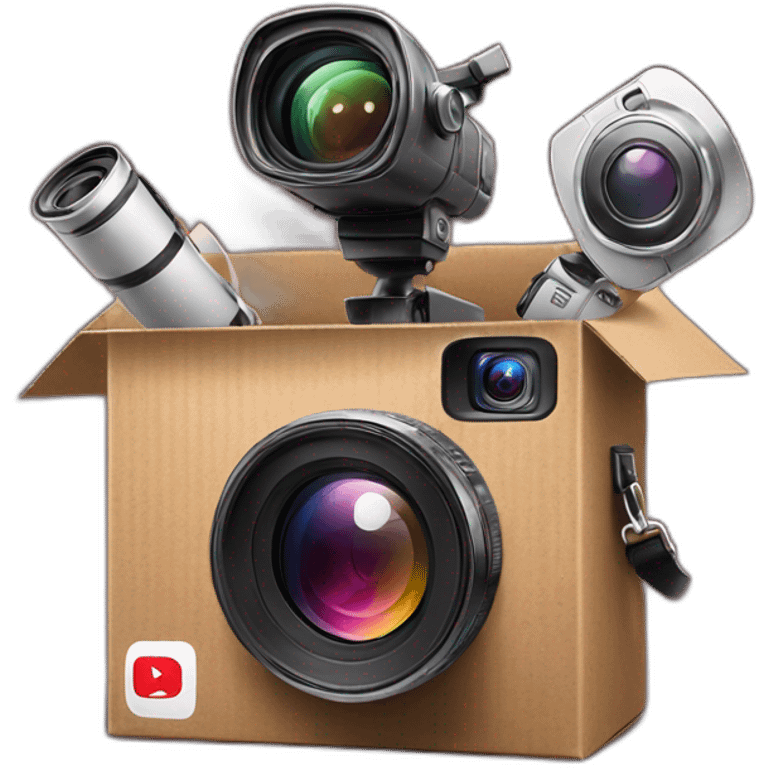 Video Camera, Instagram YouTube icons fly out from the Cardboard box emoji