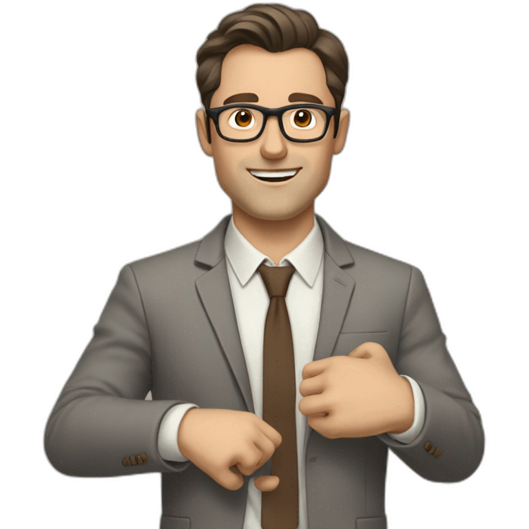 To belt Actively gesturing with hands Pale skinned fit man with dark brown hair in gray jacket, beige office shirt, brown tie, brown pants and vintage glasses. emoji