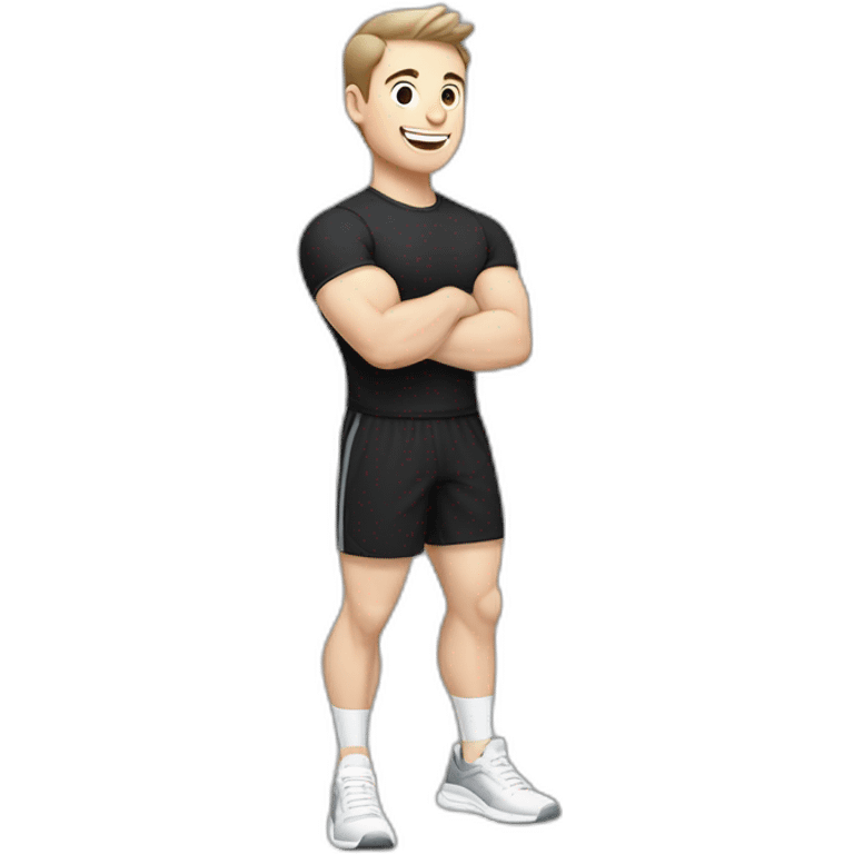 Joyful Celebrating victory Pale skinned Fit Man With the biceps and dark brown hair in black shirt, gray sports shorts and white Sneakers emoji