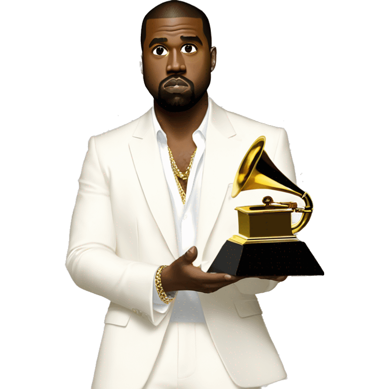 Kanye West wear white suit holding a Grammy emoji