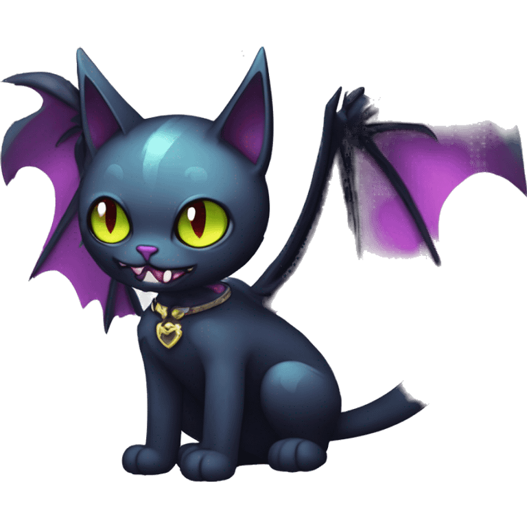   cool edgy kawaii ethereal dark-punk-themed animal vampiric cat-hybrid Fakemon with fangs and bat-wing-ears with a collar full body emoji