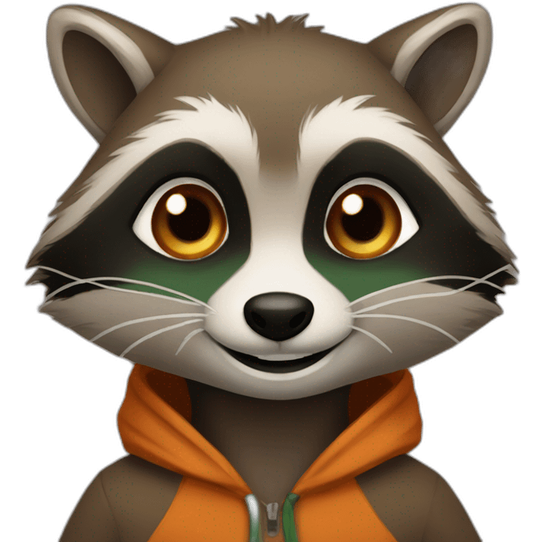 brown raccoon with orange eyes and a dark green hood that smile emoji