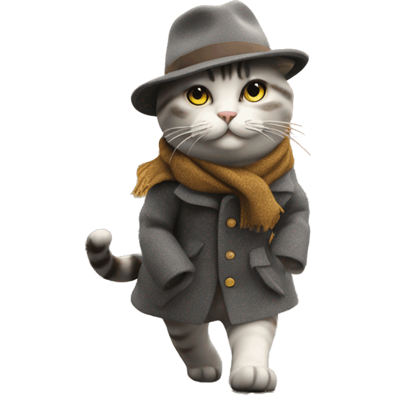 A stylish cat walking on two legs, wearing a wool coat and a hat, on a city street covered in golden autumn leaves, overcast sky, cozy autumn atmosphere, highly detailed, cinematic lighting, ultra-realistic, fashionable cat, street style emoji