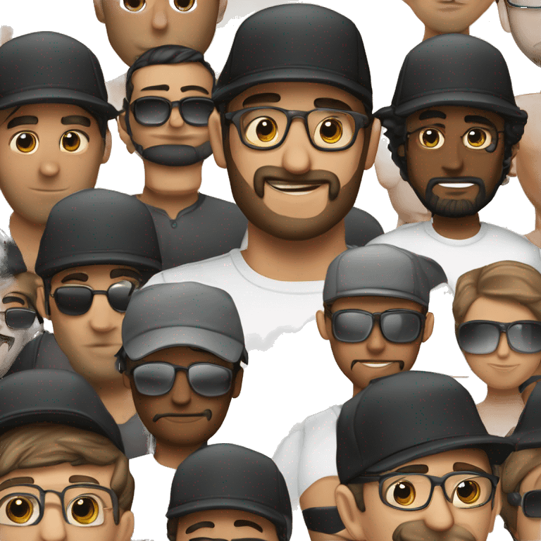 Hombre con cabello corto negro, barba corta color negro con gorra y lentes emoji