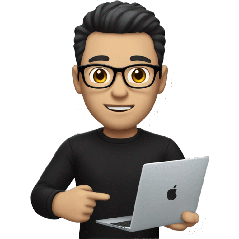     memoji of a man with a laptop in front, apple-style,modern,dark hair,black sweater,computer in hand,white skin, an avatar image gonna be round  emoji