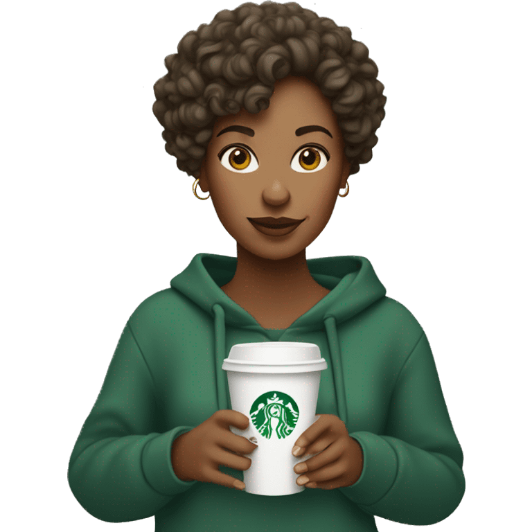 A woman wearing a sweatshirt with curly hair holding a Starbucks cup with two hands emoji