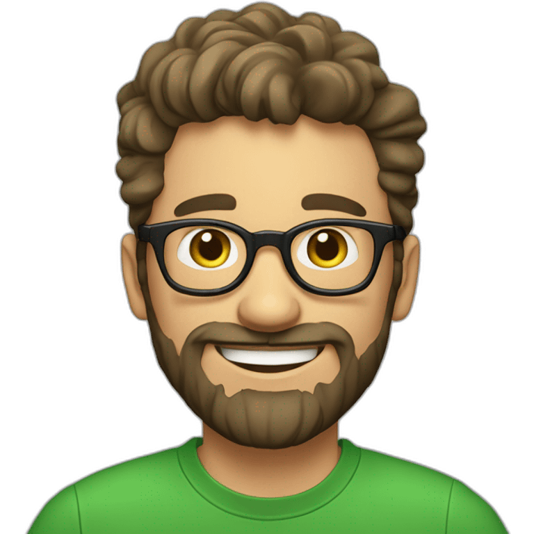 A 25 years old French man that is joyful, with a beard, he is trustworthy, smart, loving, with glasses, wearing a green t-shirt emoji