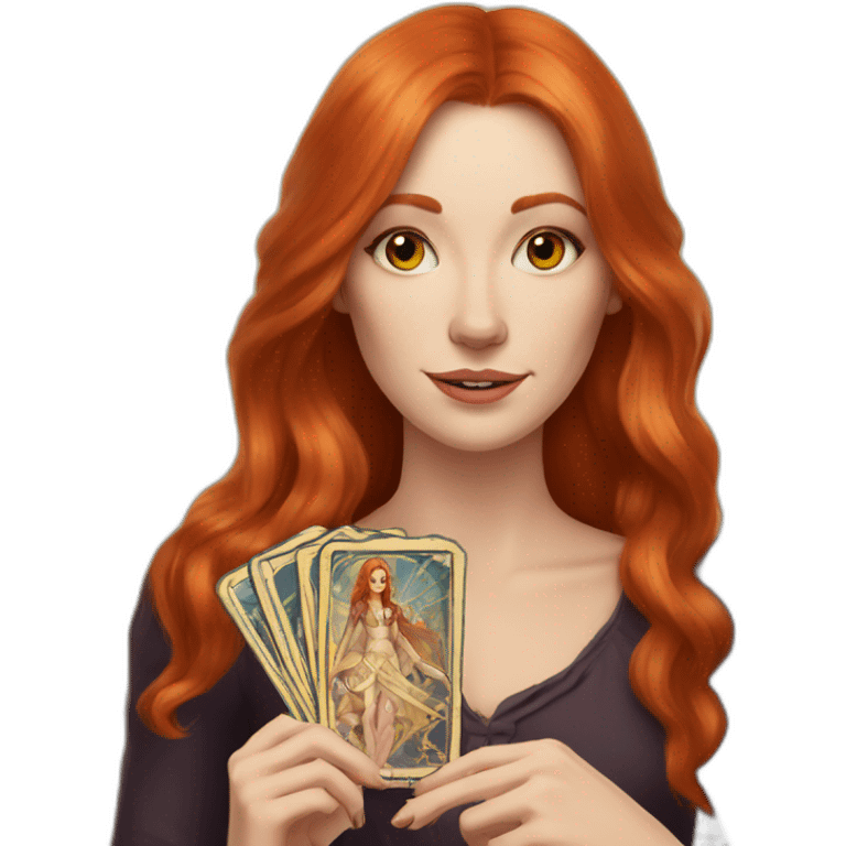 redhead white woman medium long straight hair, holding a tarot card in her hand emoji